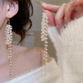 French Style Faux Crystal Beaded Tassel Drop Earrings, Vintage Elegant Round Geometric Jewelry view 1