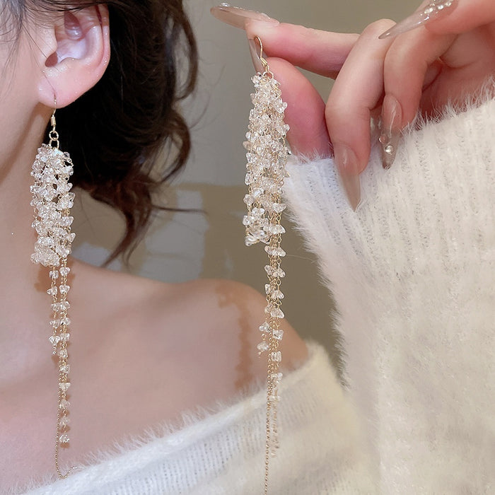 French Style Faux Crystal Beaded Tassel Drop Earrings, Vintage Elegant Round Geometric Jewelry