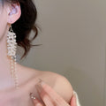 French Style Faux Crystal Beaded Tassel Drop Earrings, Vintage Elegant Round Geometric Jewelry view 3