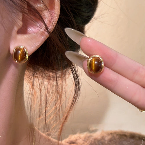 18K Gold Plated Resin Tiger Eye Oval Stud Earrings With Silver Pins Maillard Vintage Style