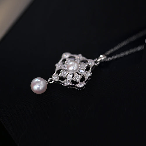 Light Luxury Copper Zircon Flower Pearl Sweater Necklace Elegant Rhombus Pendant Jewelry