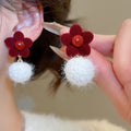 Vintage Flocked Flower Pom Pom Pearl Stud Earrings With Silver Pins For Women view 4