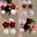 Vintage Flocked Flower Pom Pom Pearl Stud Earrings With Silver Pins For Women view 1