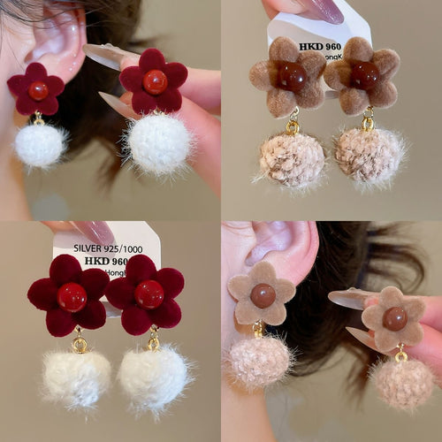 Vintage Flocked Flower Pom Pom Pearl Stud Earrings With Silver Pins For Women