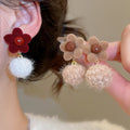 Vintage Flocked Flower Pom Pom Pearl Stud Earrings With Silver Pins For Women view 2