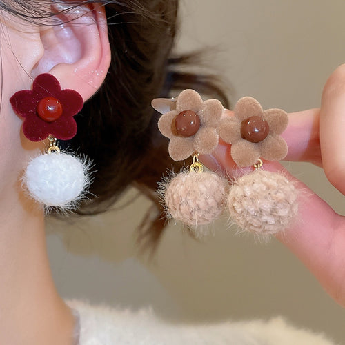 Vintage Flocked Flower Pom Pom Pearl Stud Earrings With Silver Pins For Women