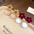 Vintage Flocked Flower Pom Pom Pearl Stud Earrings With Silver Pins For Women view 3