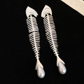 Goldfish Skeleton Faux Pearl Zircon Stud Earrings With Silver Pins Unique Statement Animal Jewelry view 4