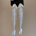 Goldfish Skeleton Faux Pearl Zircon Stud Earrings With Silver Pins Unique Statement Animal Jewelry view 2