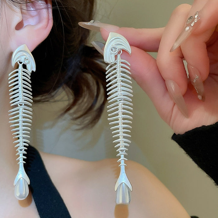 Goldfish Skeleton Faux Pearl Zircon Stud Earrings With Silver Pins Unique Statement Animal Jewelry