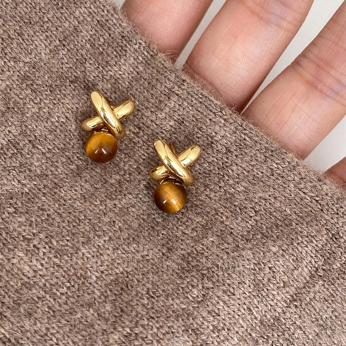 Coffee Brown Resin Letter X Stud Earrings, Light Luxury Retro Maillard Style For Women