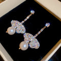 Elegant Butterfly Rhinestone Faux Pearl Drop Earrings With Silver Pins Light Luxury Court Style view 4