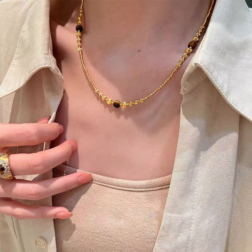 18K Gold Plated Tiger Eye Beaded Sweater Necklace, Vintage Old Money Round Geometric Design