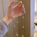 Vintage Old Money Faux Pearl Rhinestone Diamond Flower Sweater Necklace view 1