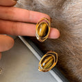 Oval Tiger Eye Stone Stud Earrings With Silver Posts, Maillard Retro Light Luxury Everyday Jewelry view 3