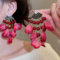 Light Luxury Faux Crystal Fabric Petal Tassel Drop Earrings With Silver Needle Posts view 2