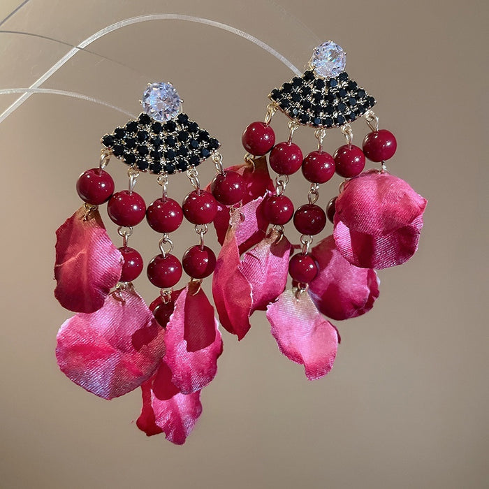 Light Luxury Faux Crystal Fabric Petal Tassel Drop Earrings With Silver Needle Posts