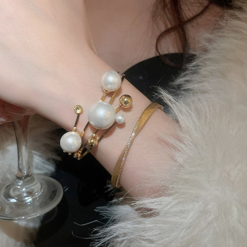 French Style Multi Layer Hollow Pearl Open Bangle Elegant Minimalist Round Cuff Bracelet For Women