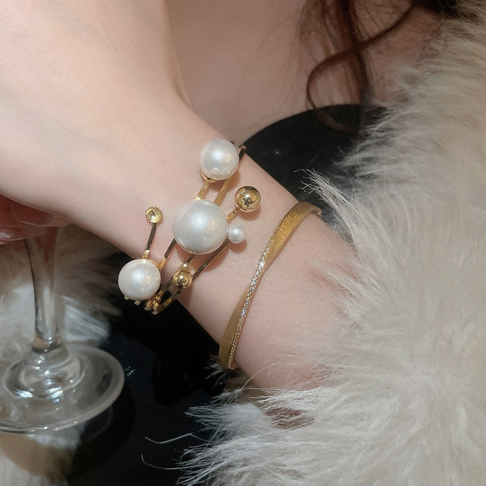 French Style Multi Layer Hollow Pearl Open Bangle Elegant Minimalist Round Cuff Bracelet For Women