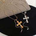 Light Luxury Alloy Rhinestone Cross Pendant Sweater Necklace For Women Retro Geometric Choker view 2