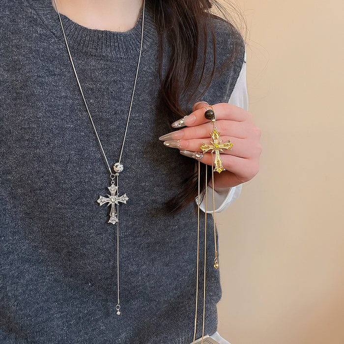 Light Luxury Alloy Rhinestone Cross Pendant Sweater Necklace For Women Retro Geometric Choker