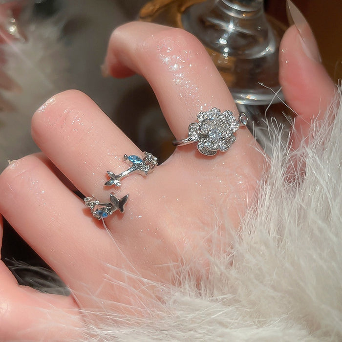 Gold Plated Zircon Flower French Style Open Ring For Women