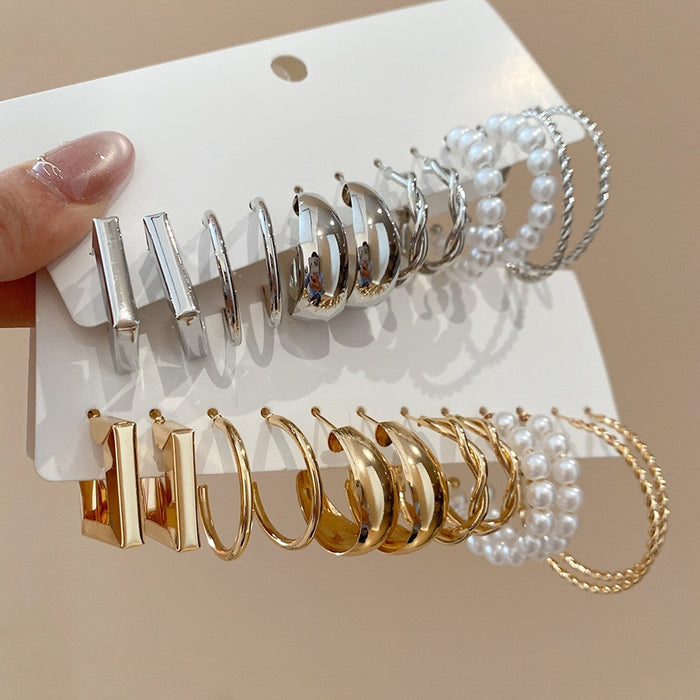Iron Twisted Geometric Pearl Stud Earrings Jewelry Set, Minimalist Light Luxury Style