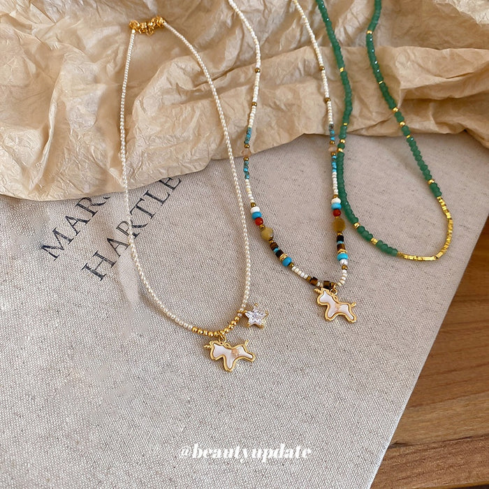New Chinese Style Stone Beaded Horse Pendant Necklace For Women, Light Luxury Ethnic Collarbone Jewelry