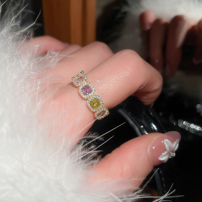 14K Gold Plated Copper Zircon Open Ring For Women Geometric Square Light Luxury Fashion