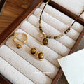 Gold Plated Copper Tiger Eye Jewelry Set, Maillard Vintage Round Geometric Necklace Stud Earrings Ring view 1