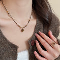Gold Plated Copper Tiger Eye Jewelry Set, Maillard Vintage Round Geometric Necklace Stud Earrings Ring view 4