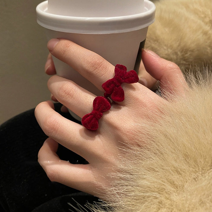 Light Luxury Flocked Bow Open Ring For Women Vintage Elegant Adjustable Index Finger Jewelry