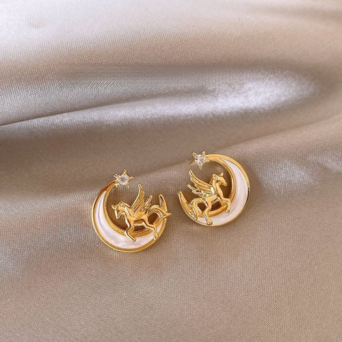 Light Luxury Resin Zircon Moon Horse Stud Earrings With Silver Pins For Women
