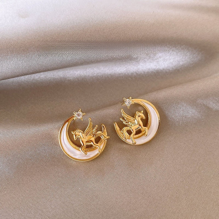 Light Luxury Resin Zircon Moon Horse Stud Earrings With Silver Pins For Women