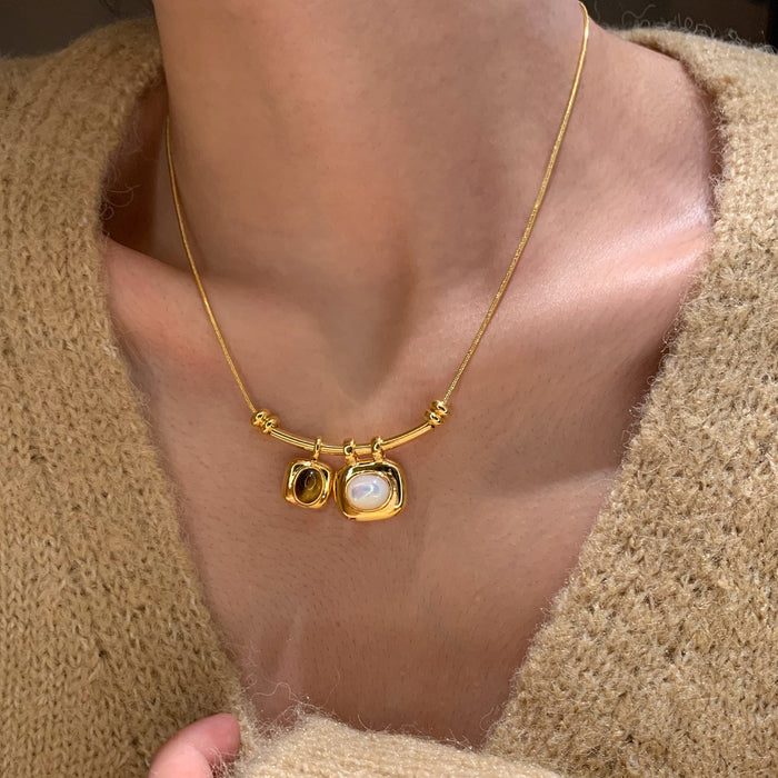 18K Gold Plated Tiger Eye Geometric Pendant Sweater Necklace For Women Maillard Vintage Style