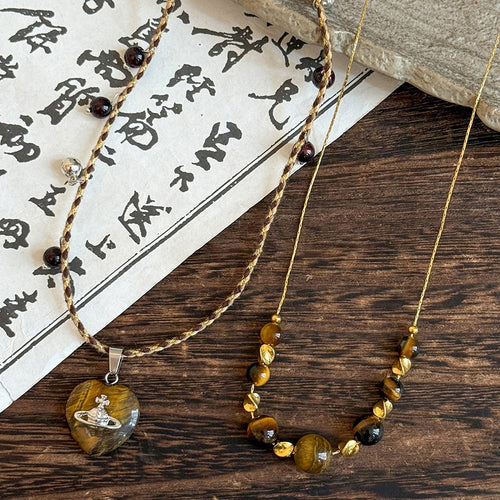 Maillard Style Braided Cord Tiger Eye Heart Pendant Sweater Necklace For Women