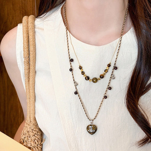 Maillard Style Braided Cord Tiger Eye Heart Pendant Sweater Necklace For Women