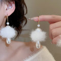 Elegant Faux Pearl Pom Ball C-Shaped Drop Earrings With Silver Pins Teardrop Design view 4
