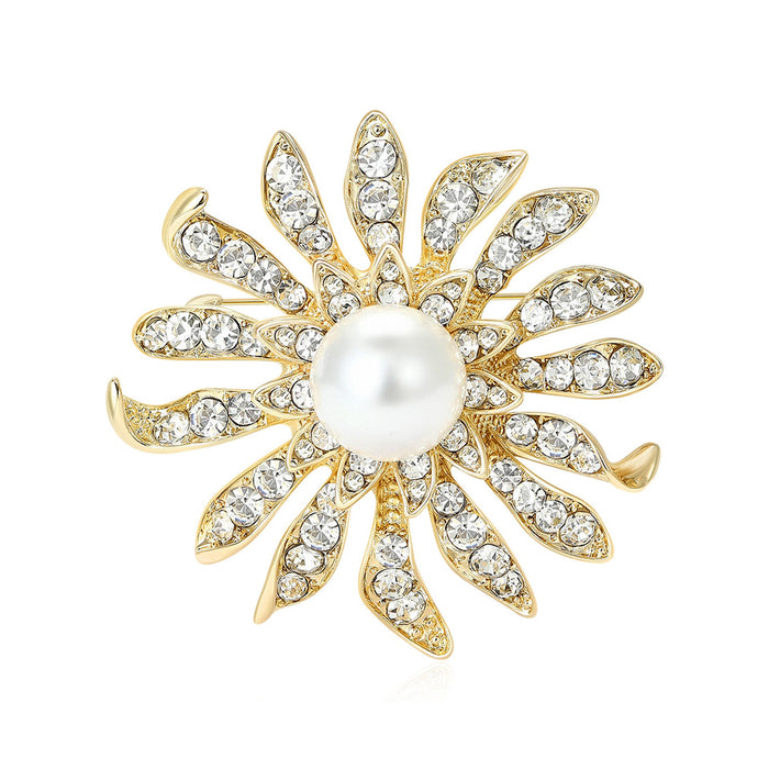 Alloy Rhinestone Pearl Sunflower Brooch Pin For Women Apparel