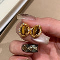 18K Gold Plated Silver Pin Tiger Eye Zircon Oval Stud Earrings Maillard Style Jewelry view 1