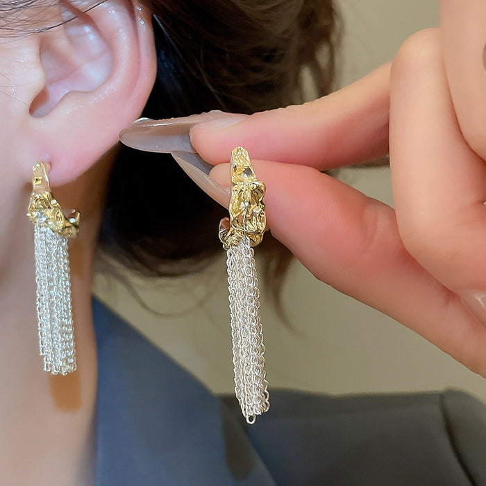 Alloy C Shape Tassel Drop Earrings With Silver Needle, French Vintage Geometric Wrinkled Design