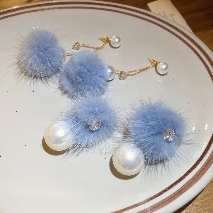 18K Gold Plated Silver Post Zircon Pearl Plush Ball Stud Earrings Elegant Round Geometric Jewelry