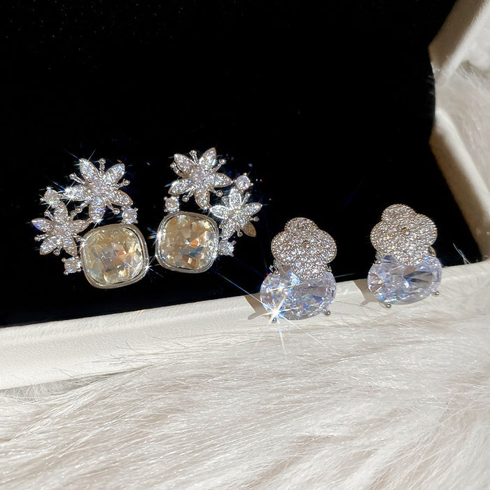 Light Luxury Copper Zircon Flower Square Stud Earrings With Silver Posts Elegant Minimalist Jewelry