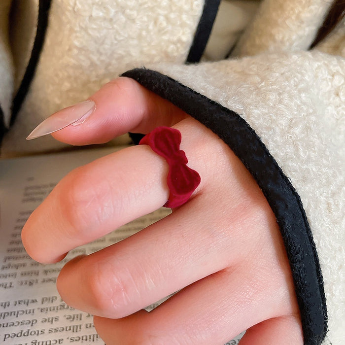 Sweet Flocked Resin Bow Open Ring Vintage Autumn Winter Light Luxury Index Finger Jewelry