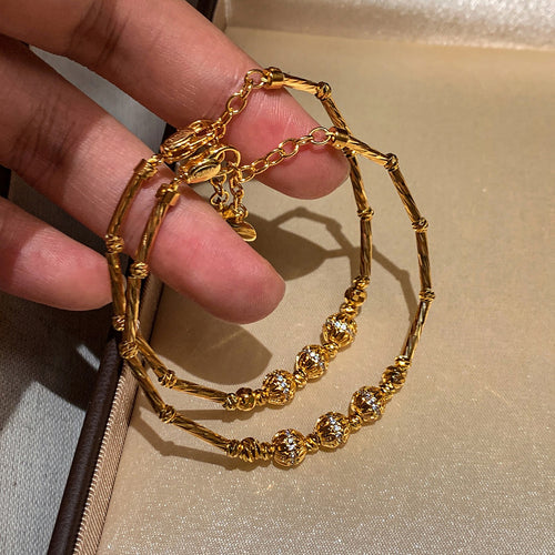 18K Gold Plated Copper Zircon Bamboo Texture Bangle, New Chinese Vintage Light Luxury Jewelry
