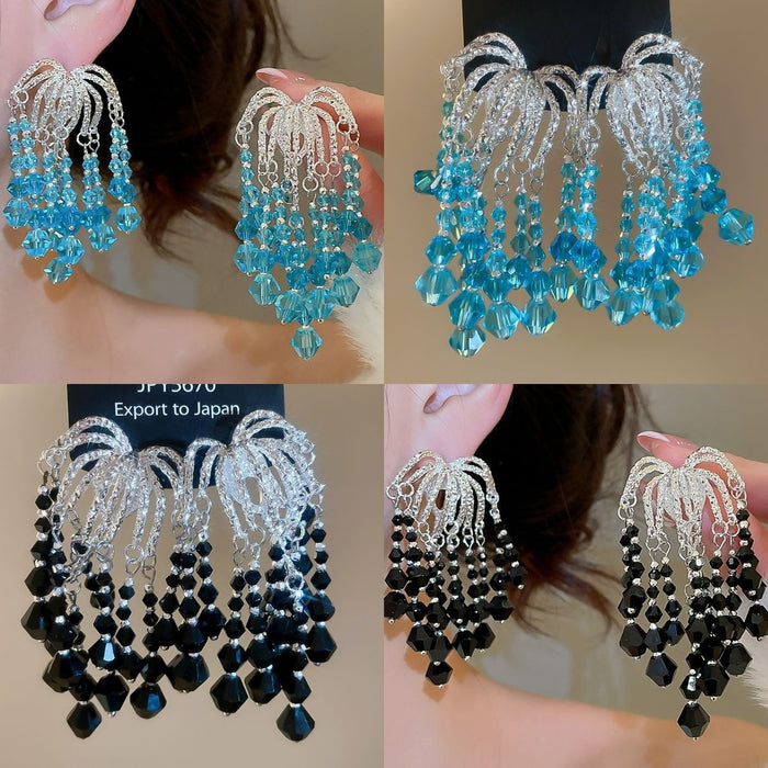 Light Luxury Geometric Crystal Beaded Tassel Drop Earrings With Silver Pins