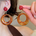 Maillard Style Resin Round Pendant Silver Needle Drop Earrings Minimalist Geometric Jewelry view 3
