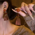 Ethnic Style Wooden Geometric Drop Earrings With Silver Pins And Oval Pendant For Women view 4