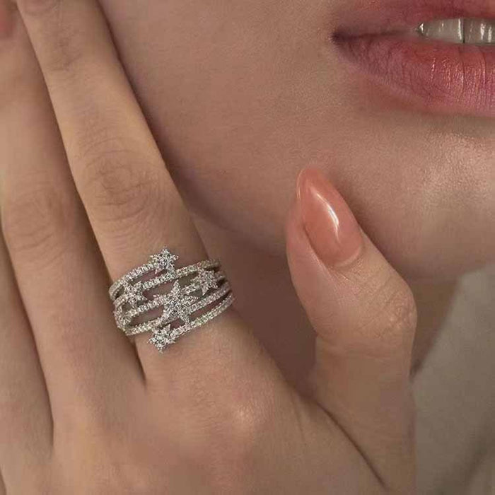 Copper Zircon Multi Layer Star Open Ring For Women Light Luxury Geometric Style