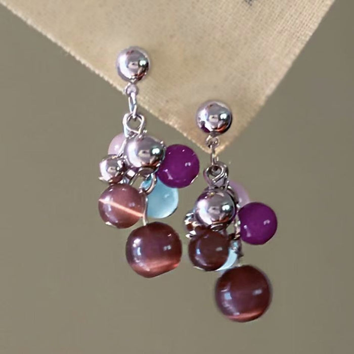 Cat Eye Stone Tassel Drop Earrings With Silver Pins, Geometric Korean Minimalist Jewelry
